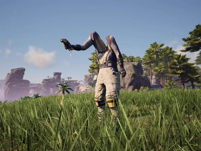 The deformed player character model standing in front of the northern forest. Her shoulders are stretched upward in an unnatural way and her head is gone. 
