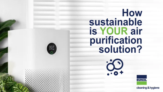 Image of an air purifier in a room with text overlayed reading "How sustainable is your air purification solution?"