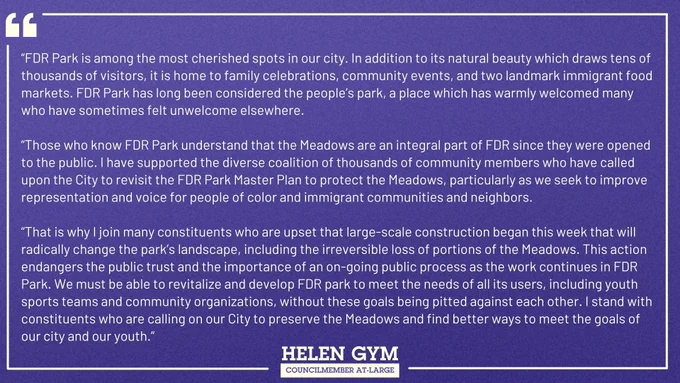 GRAPHIC: Purple background and white text

TEXT: Councilmember Gym's statement in support of the Meadows in FDR Park. Full text version available at www.facebook.com/CouncilmemberHelenGym