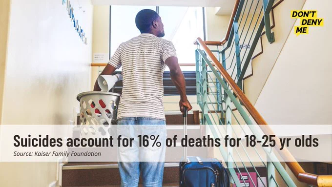 A young male ascending steps with a filled laundry basket under one arm and luggage in the other had looks upwards. Text across the lower third reads "Suicides account for 16% of deaths for 18-25 yr olds"