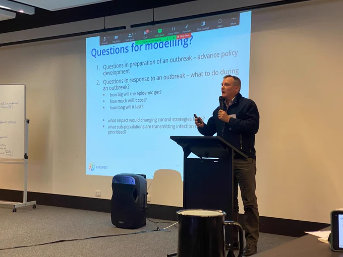 Brendan presenting on real-time modelling at the recent workshop held in Canberra outlining how modelling can assist in response to a disease outbreak.