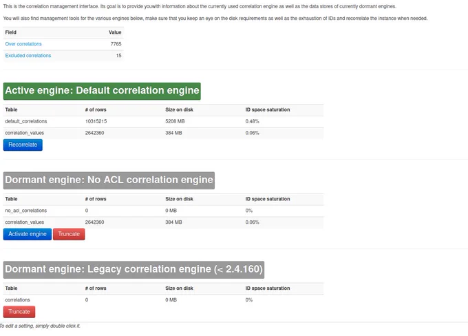 The different engine of correlation available including some information about their size.