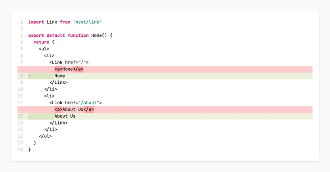 Example of a Next.js component that renders a link tag, where it doesn't need to pass the a tag as a child to the component anymore.