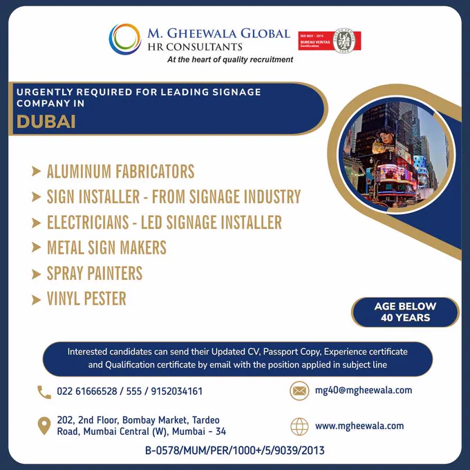 #fabricators #aluminiumfabricators #signinstaller #signangeindustry #electricians #ledsignage #metalsignmaker #spraypainter #vinylpester #ethicalrecruitment #manpower #gulfjobs #dubaijobs #mgheewala #mgheewalajobs