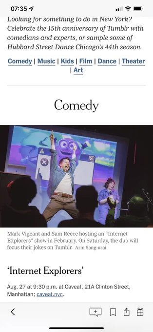 Screen shot of the New York Times “Things to do” column, showing Mark Vigeant & Sam Reece being funny onstage in front of the doctored image of a Minion