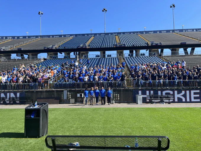 CTECS staff from around the state pose for a photograph at Rentschler Field at Pratt & Whitney Stadium.
