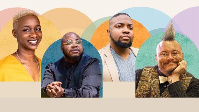 Photo portraits of four Black queer heroes framed by arches of various colors.