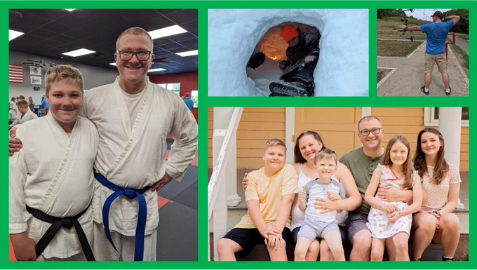 A collage of 4 photos: 1) Stephen and his son in taekwondo uniforms; 2) a boy in a quinzhee ice cave; 3) Stephen doing archery outside; 4) Stephen sitting on steps with his wife and four children.