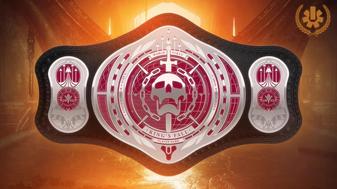 A close-up of the championship belt for the World First Destiny 2 King's fall winners.