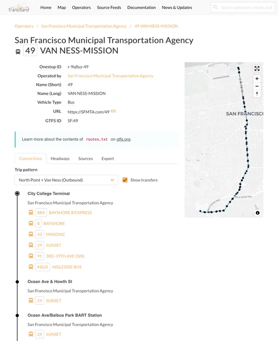 screenshot of Transitland webpage for the 49 Van Ness-Mission route operated by SFMTA