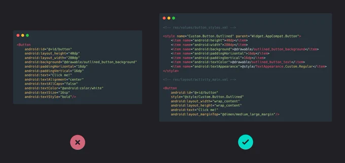 Code snippets of XML showing the bad way and the good way of creating a UI element.