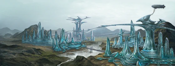 a city on a tundra planet: futuristic towers contrast the airship and traditional bridge, remaining facets of the planet's culture before alien enlightenment