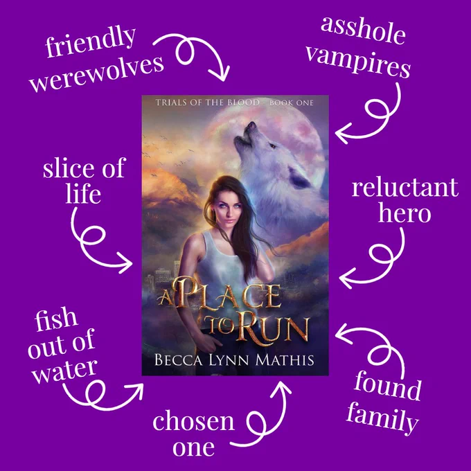 Cover art for A PLACE TO RUN by Becca Lynn Mathis, featuring an attractive woman in her early twenties with long dark hair. There is also a white wolf howling at the moon on the cover.
Text around the book cover lists the tropes featured in the book: friendly werewolves, asshole vampires, reluctant hero, found family, chosen one, fish out of water, and slice of life.