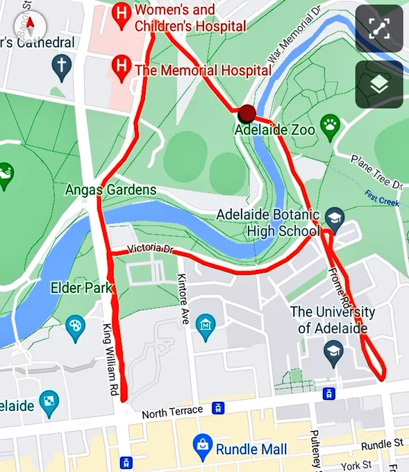 Image shows a street map of part of Adelaide, on Kaurna land. It shows the route taken on a walk between North Terrace and the Women's and Children's Hospital, crossing Parrawirra Karri (the River Torrens). The route takes the shape of a capital letter A