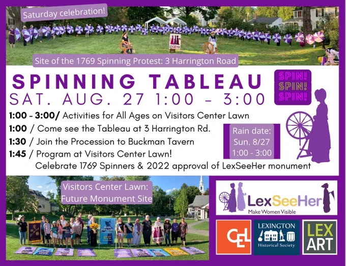 
Today! Join LexSeeHer from 1:00 - 3:00 p.m. at 3 Harrington Road and the Visitors Center lawn! Activities and tableau. Celebrate women's history and untold stories with us! The Community of Endowment of Lexington has granted LexSeeHer special funding for supplies to create 45 aprons or the upcoming August 27th Spinning Tableau. #SpinningTableau #LexDoingGood #lexingtonma 
​