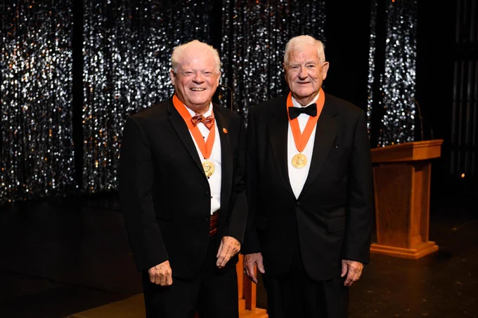 Dr. Charles Watt and Dr. Bobby McCormick pose during the Clemson Medallion Ceremony.