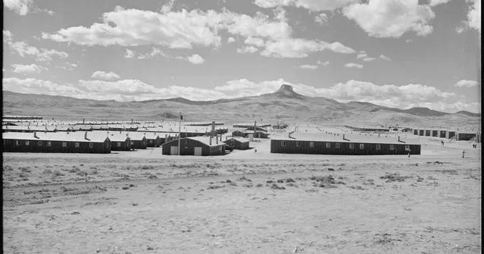 Black and white photo of bunkers arranged in rows in a desert landscape.