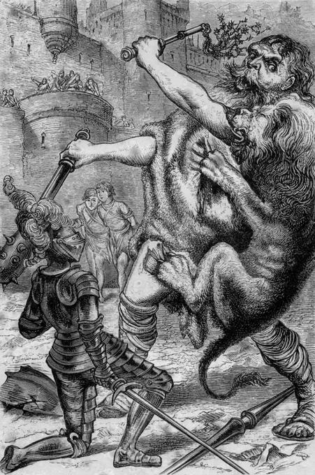 A lion attacks a giant as a plate armoured knight looks on. From an old book illustration.