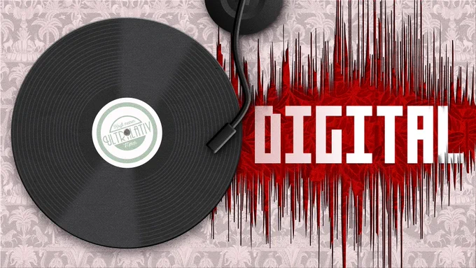 Schallplatte mit einem Audiopegel, in dem das Wort “Digital” in Pixelschrift geschrieben steht.
