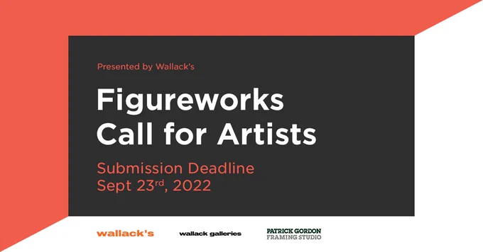 An orange and black social media tile with text to say that the Figureworks Call for Artists submission deadline is September 23, 2022. The tile has three logos on the bottom: one for Wallack's and Wallack Galleries who are the venue and presenting sponsor and one for Patrick Gordon Framing Studio who is a sponsor.