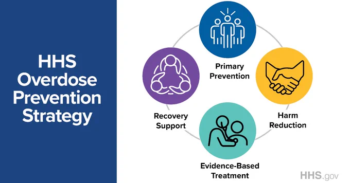 HHSGov Overdose Prevention Strategy 
-Primary prevention 
-Harm reduction 
-Evidence-based treatment
-Recovery support