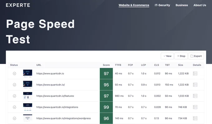 Screenshot of Experte Page Speed Test results for quantcdn.io website showing scores of 97, 95, 97, 99, and 96 across the first 5 pages tested