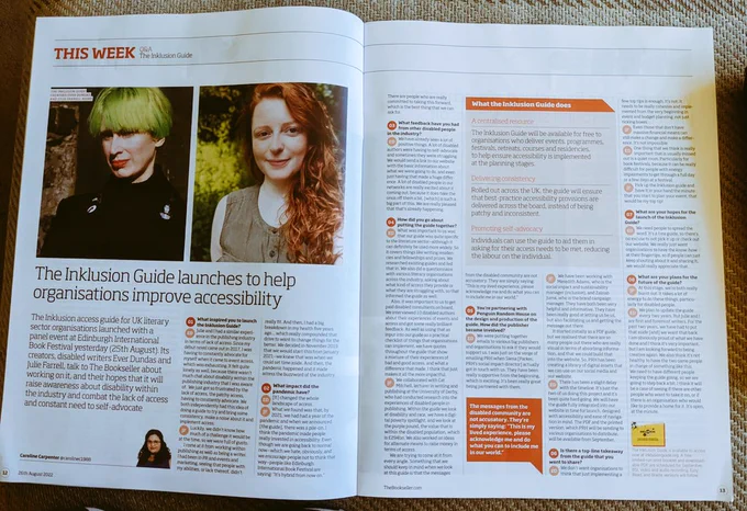A magazine double spread with photos of two writers and information on the access guide they have created which was launched at @edbookfest