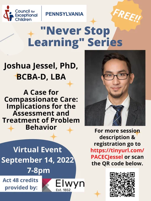 Registration is now open for our first workshop in our series. Joshua Jessel presenter and title for presentation is A case for compassionate care implications for the assessment and treatment of problem behavior.us06web.zoom.us/meeting/regist… @CECMembership @BrianaBronstein