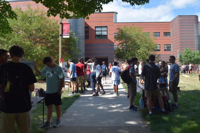 A shot of the Fall 2022 ME Welcome Back event taking place outside of Black Engineering Building