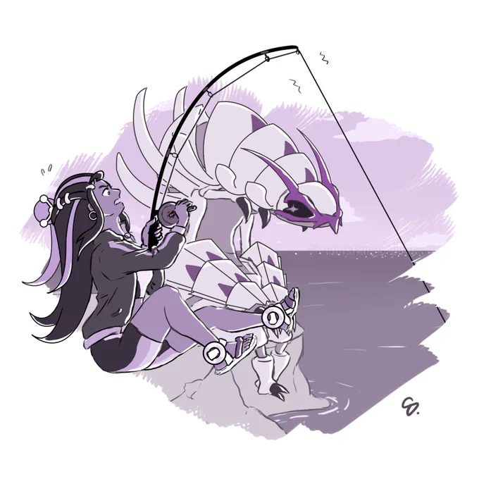 Digital illustration with purple shades. The scene takes place at the seaside. A woman named Nessa is sitting and fishing next to her Golisopod, a bipedal insect-like Pokémon. She has long black hair and black skin with streaks of lighter hair. She is wearing a sports jacket over her uniform that looks like a bathing suit. She is holding her fishing rod tightly, a fish has taken the bait. The sea is calm and some clouds are in the sky.

translated from French with DeepL