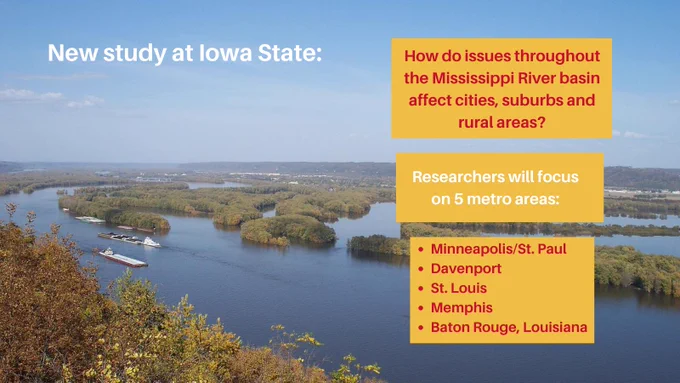 Background image of the Mississippi River on the Iowa border. Text reads, New study at Iowa State: How do issues throughout the Mississippi River basin affect cities, suburbs and rural areas? Researchers will focus on 5 metro areas: Minneapolis/St. Paul, Davenport, St. Louis, Memphis, and Baton Rouge, Louisiana