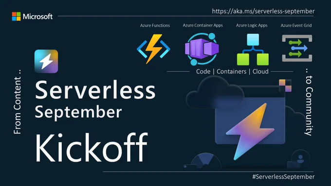 Illustrations representing Azure features. Text reads "From Content to Community. Serverless September Kickoff."