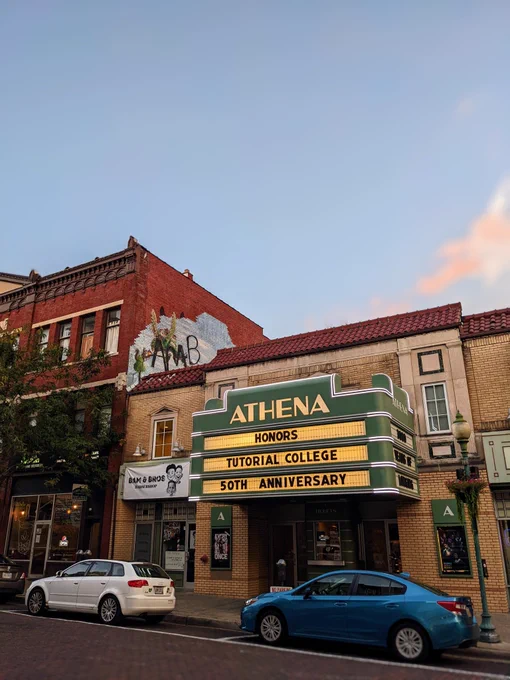 Athena movie theater in Athens, Ohio, with its marquee reading: Honors Tutorial College 50th Anniversary.
