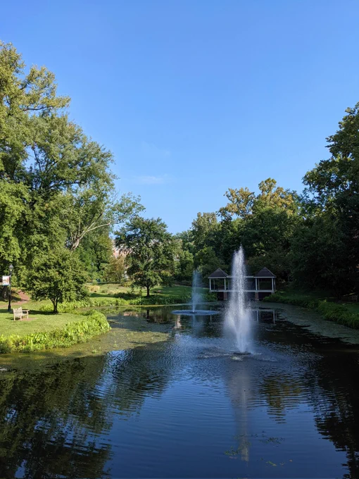 Ohio University's idyllic Emeriti Park, with trees and a lake.