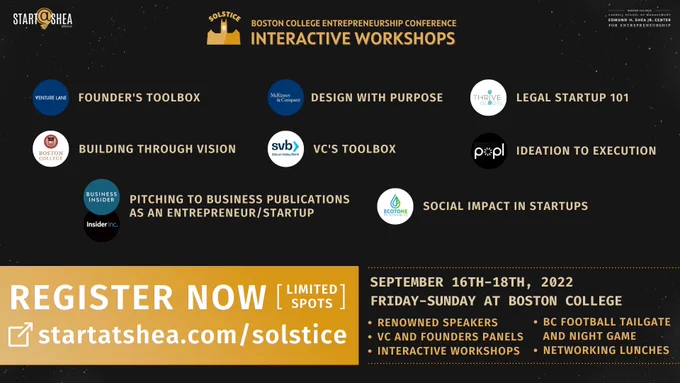Solstice Conference poster featuring interactive workshop topics. Register now and get all the details at startatshea.com/solstice