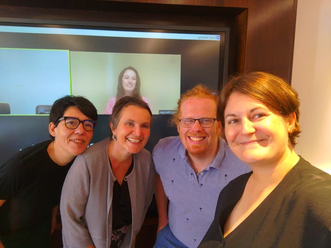 The Project IMPACT Team in Salzburg: Estella (UAB), Gabriele (ECQA), Clément and Armony (Koena), with Tracey (DCU) online in the background.