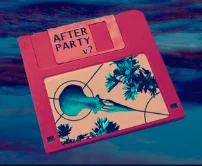 a neon red 3.5 inch floppy disc reads Afterparty v2