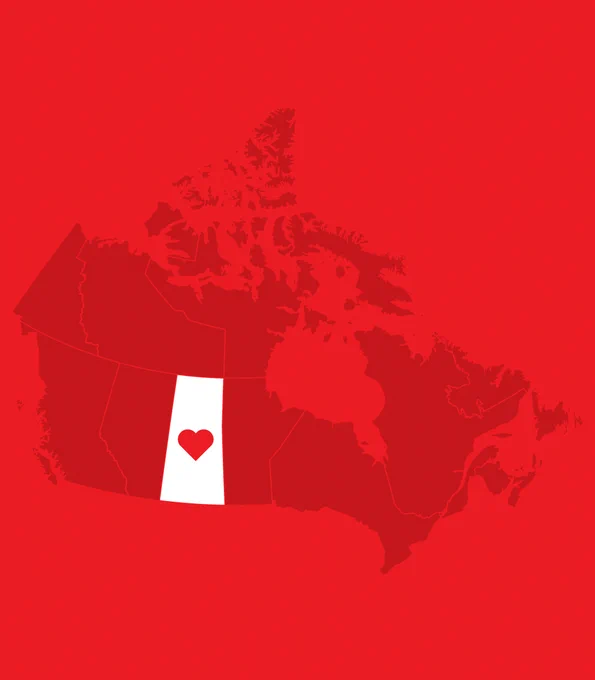 a map of canada with saskatchewan highlighted with a heart