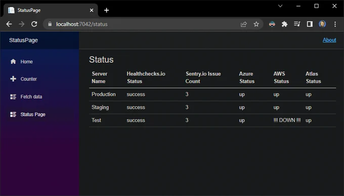 Status Page created with Microsoft Blazor