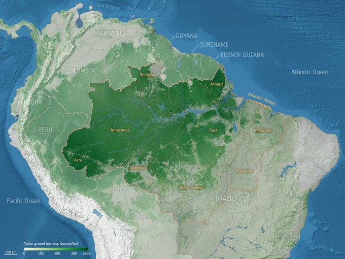 Map showing the above ground biomass in the Amazon basin, using data generated by ESA’s Climate Change Initiative.