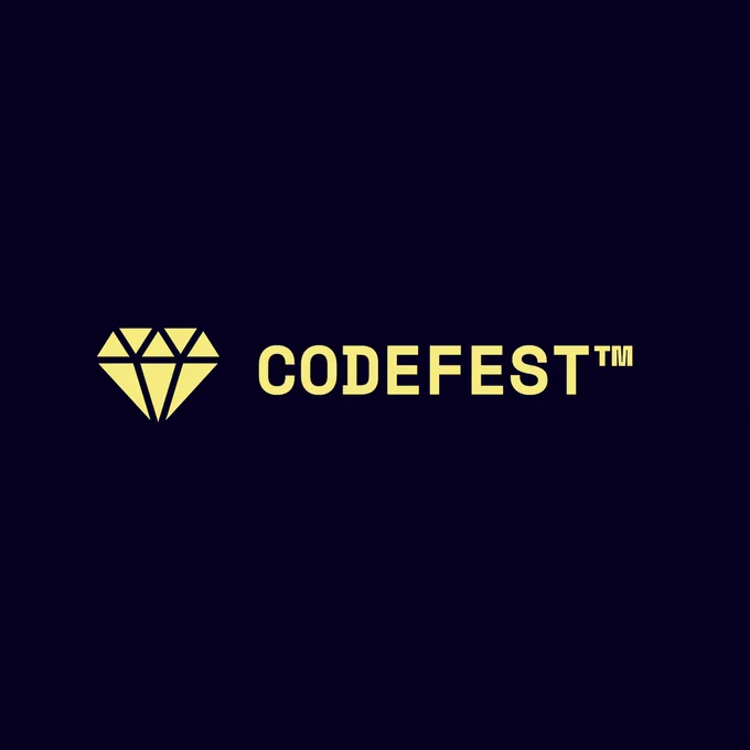 Codefest™ logo (diamond shaped icon with capitalized text that says "Codefest™") on a plain dark navy background.