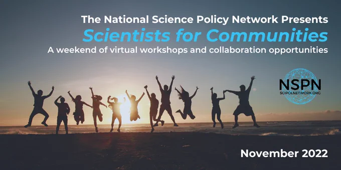 A group of people jumping on the beach in front of a sunset. Text: Scientists for Communities, NSPN, November 2022