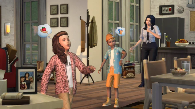 A static image of two young child Sims and an older adult Sim. From left to right, there is a female child Sim wearing a pink leopard print zip up hoodie with brown quilted pants and white graphic t-shirt. The boy next to her is wearing a brown beanie, floral blue button up with a white shirt underneath, orange shorts & tan combat boots. The adult Sim is wearing a button down jean jacket with a black shirt underneath and black jeans. The setting is the living room/kitchen of a house with a coat hanger, family framed photo and kitchen table.
