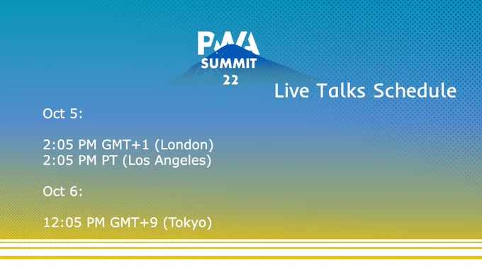 PWA live talks schedule, there will be talks Oct at 2:05PM GMT   1 and PT times and at 12:05 GTM 9