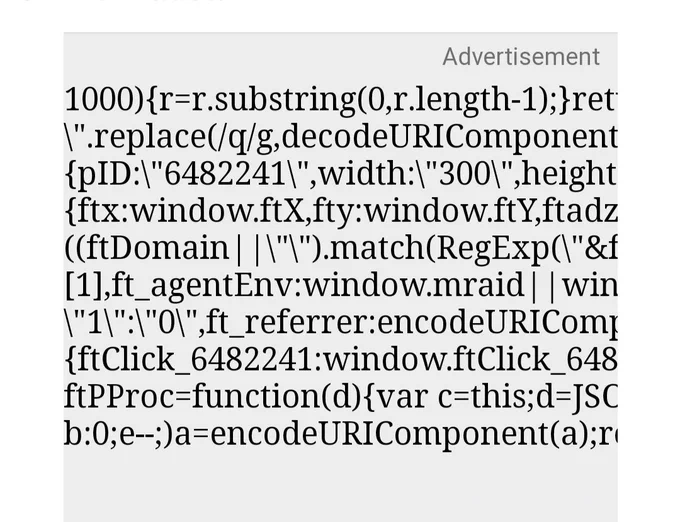 Page area marked "Advertisement" displaying only unformatted JavaScript code.
