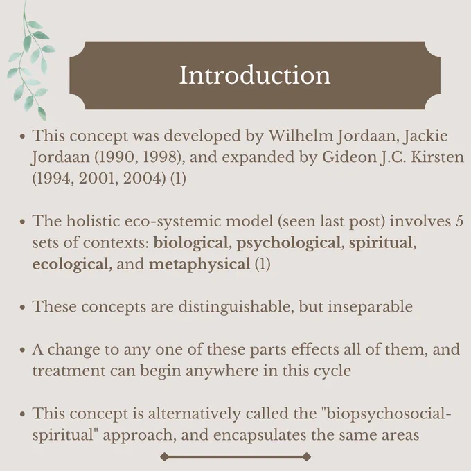 Introduction 

This concept was developed by Wilhelm Jordaan, Jackie Jordaan (1990, 1998), and expanded by Gideon J.C. Kirsten (1994, 2001, 2004) (1)

The holistic eco-systemic model (seen last post) involves 5 sets of contexts: biological, psychological, spiritual, ecological, and metaphysical (1)

These concepts are distinguishable, but inseparable 

A change to any one of these parts effects all of them, and treatment can begin anywhere in this cycle 

This concept is alternatively called the "biopsychosocial-spiritual" approach, and encapsulates the same areas 