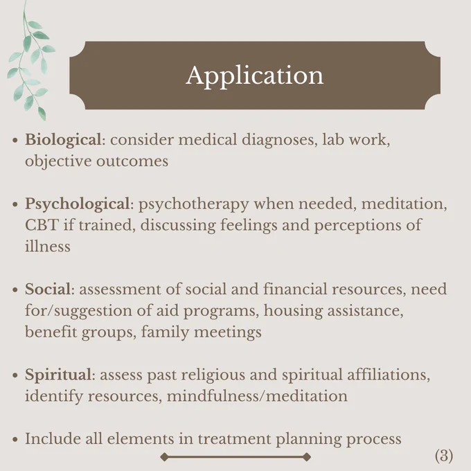 Application

Biological: consider medical diagnoses, lab work, objective outcomes

Psychological: psychotherapy when needed, meditation, CBT if trained, discussing feelings and perceptions of illness 

Social: assessment of social and financial resources, need for/suggestion of aid programs, housing assistance, benefit groups, family meetings 

Spiritual: assess past religious and spiritual affiliations, identify resources, mindfulness/meditation

Include all elements in treatment planning process