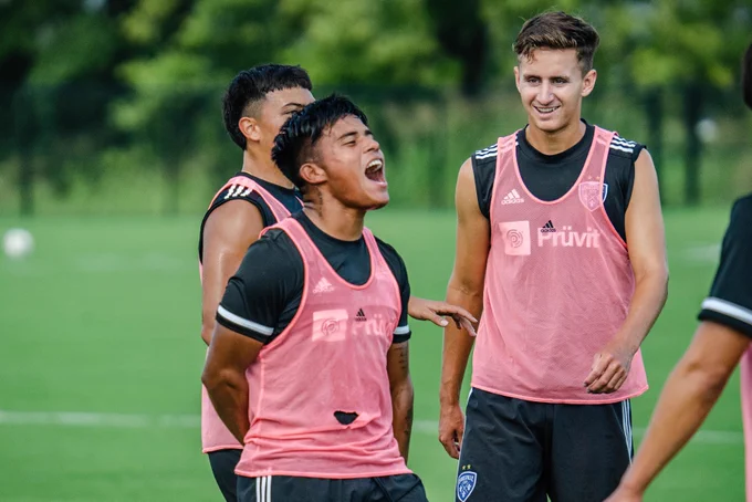 Carlos Moguel Jr. laughing at this morning's training session. 