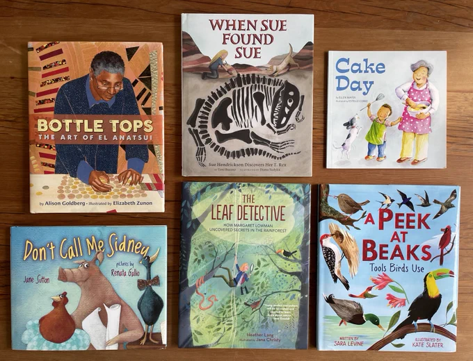 Six picture books: Bottle Tops: The Art of El Anatsui, When Sue Found Sue, Cake Day, Don't Call Me Sidney, The Leaf Detective, A Peek at Beaks.