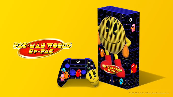 Image of custom Pac Man World Re-Pac Xbox Series S and matching controller in front of a yellow background. Text reads, "Pac Man World Re-Pac." Fine print in the corner reads, "Pac Man World TM Re-PAC and Bandai Namco Entertainment."